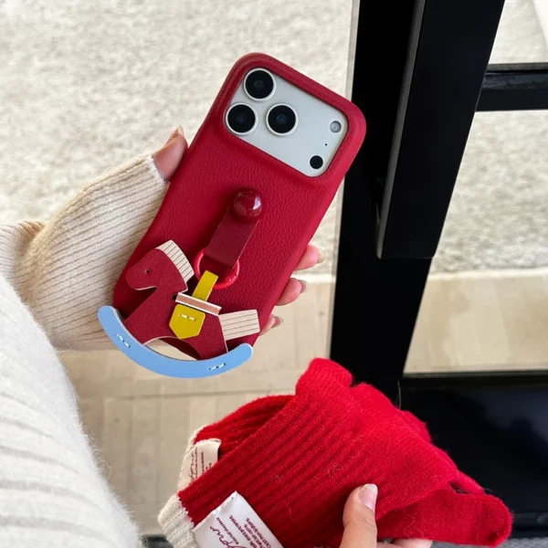 Schattig stereoscopisch schommelpaard hanger ringgesp met houder schokbestendige telefoonhoes voor iPhone 17 16 15 14 Pro Max